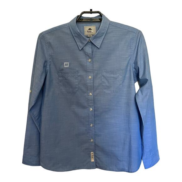 Roots73 Clearwater Button Up Women Shirt Size Large Blue M Patch #97100 Rolltab - Picture 1 of 12